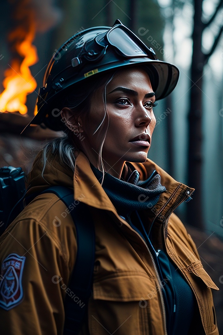 Mulher bombeira sobre fundo desfocado.