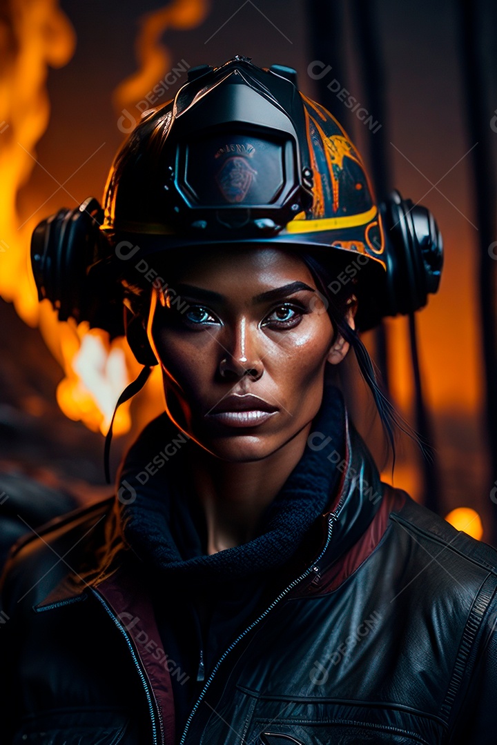 Mulher bombeira sobre fundo desfocado.