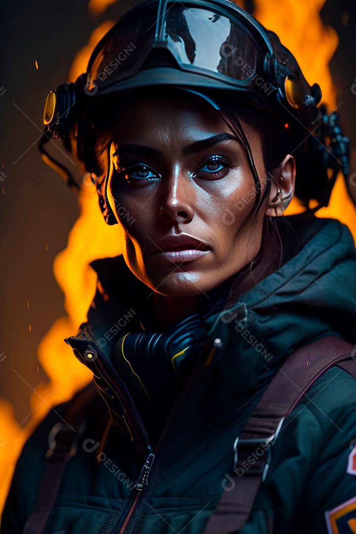 Mulher bombeira sobre fundo desfocado.