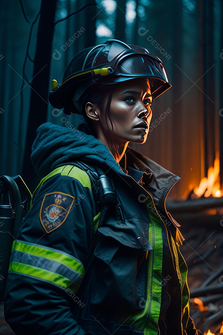 Mulher bombeira sobre fundo desfocado.