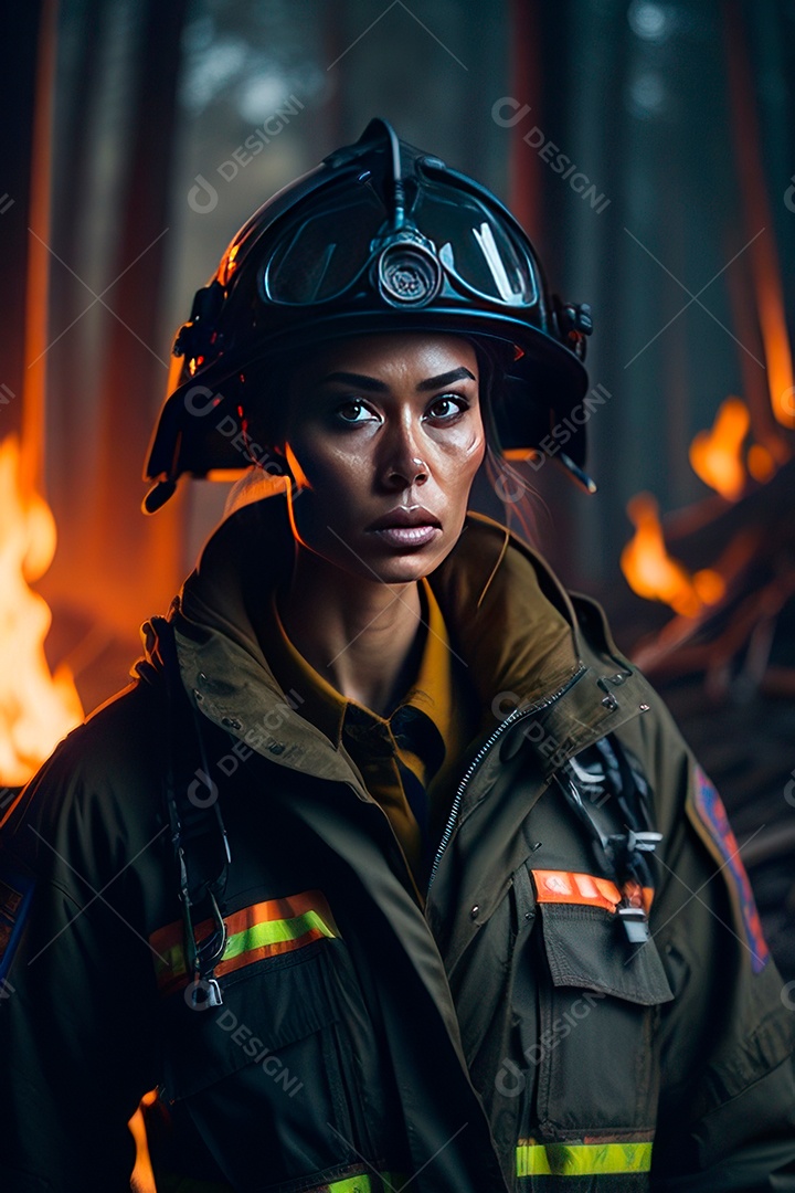Mulher bombeira sobre fundo desfocado.
