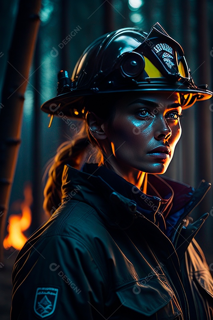 Mulher bombeira sobre fundo desfocado.