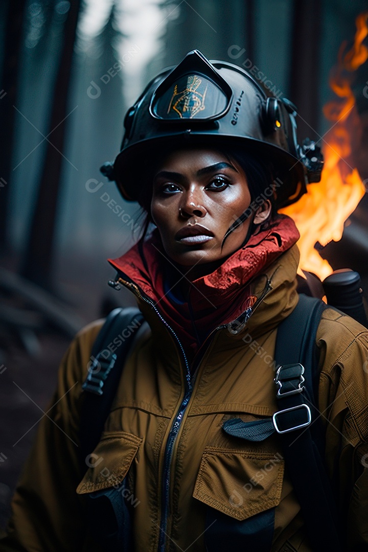 Mulher bombeira sobre fundo desfocado.