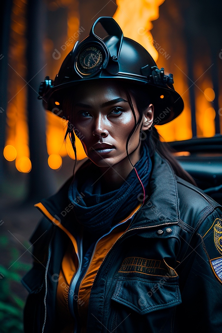 Mulher bombeira sobre fundo desfocado.