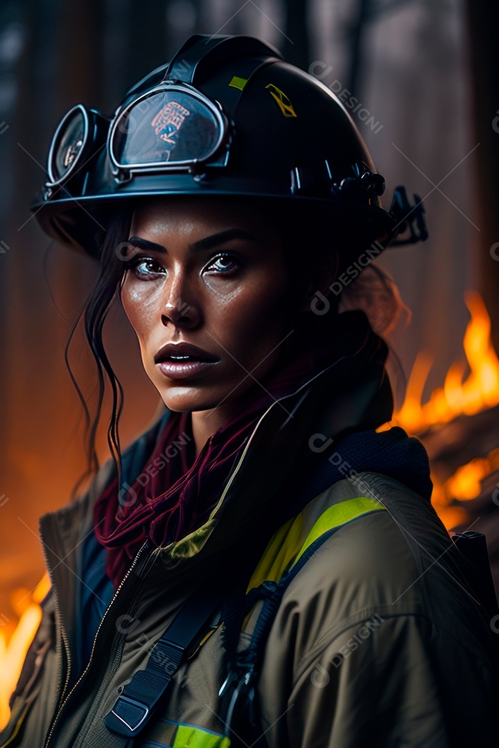 Mulher bombeira sobre fundo desfocado.
