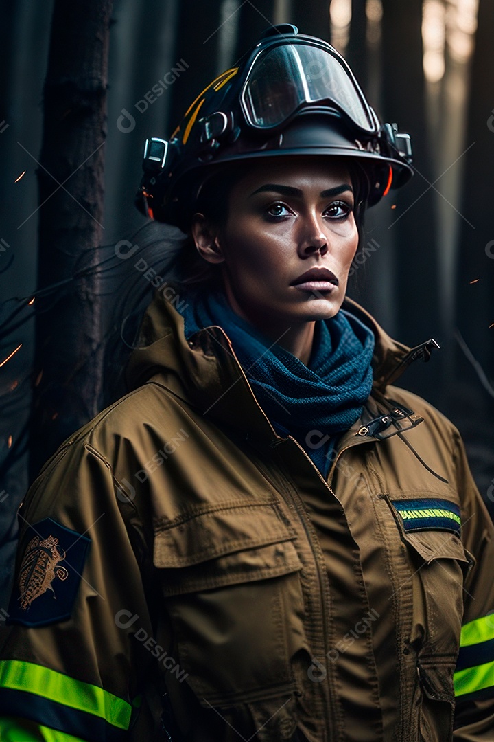 Mulher bombeira sobre fundo desfocado.