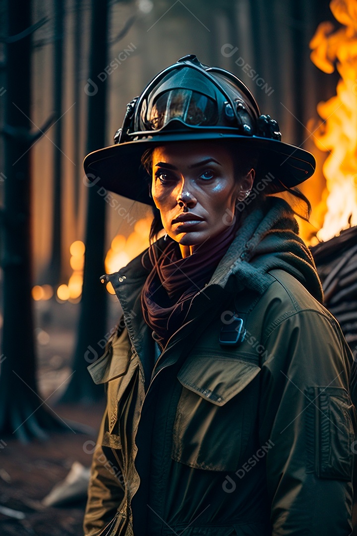 Mulher bombeira sobre fundo desfocado.