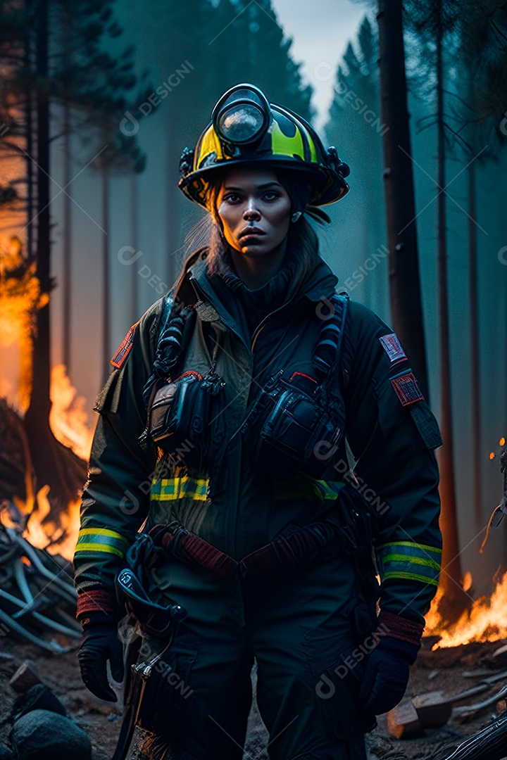 Mulher bombeira sobre fundo desfocado.