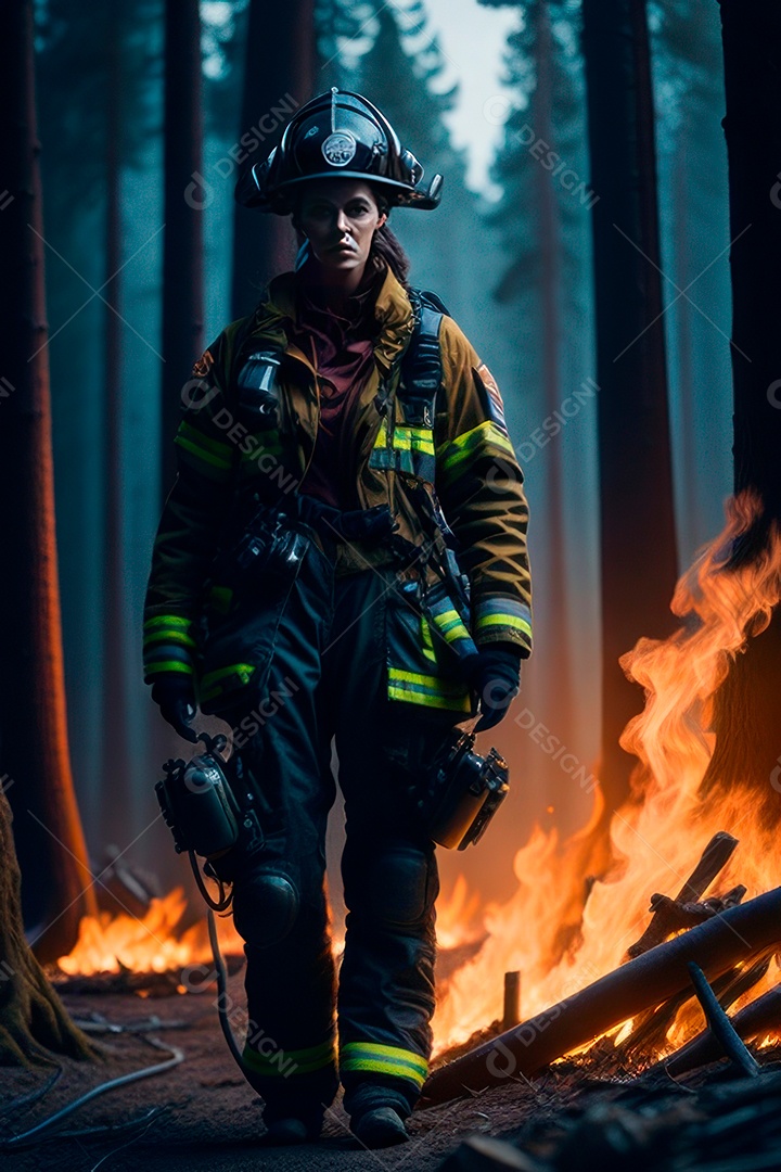 Mulher bombeira sobre fundo desfocado.