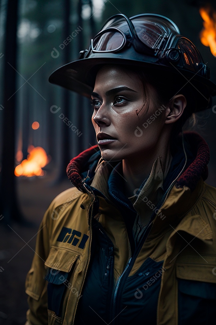 Mulher bombeira sobre fundo desfocado.