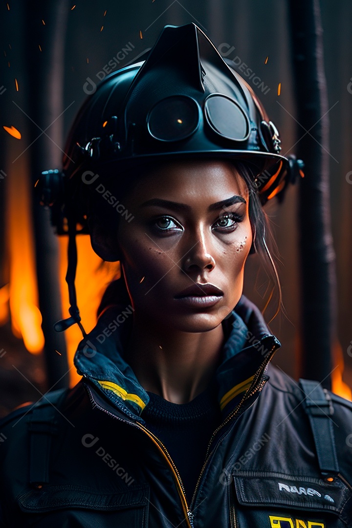 Mulher bombeira sobre fundo desfocado.