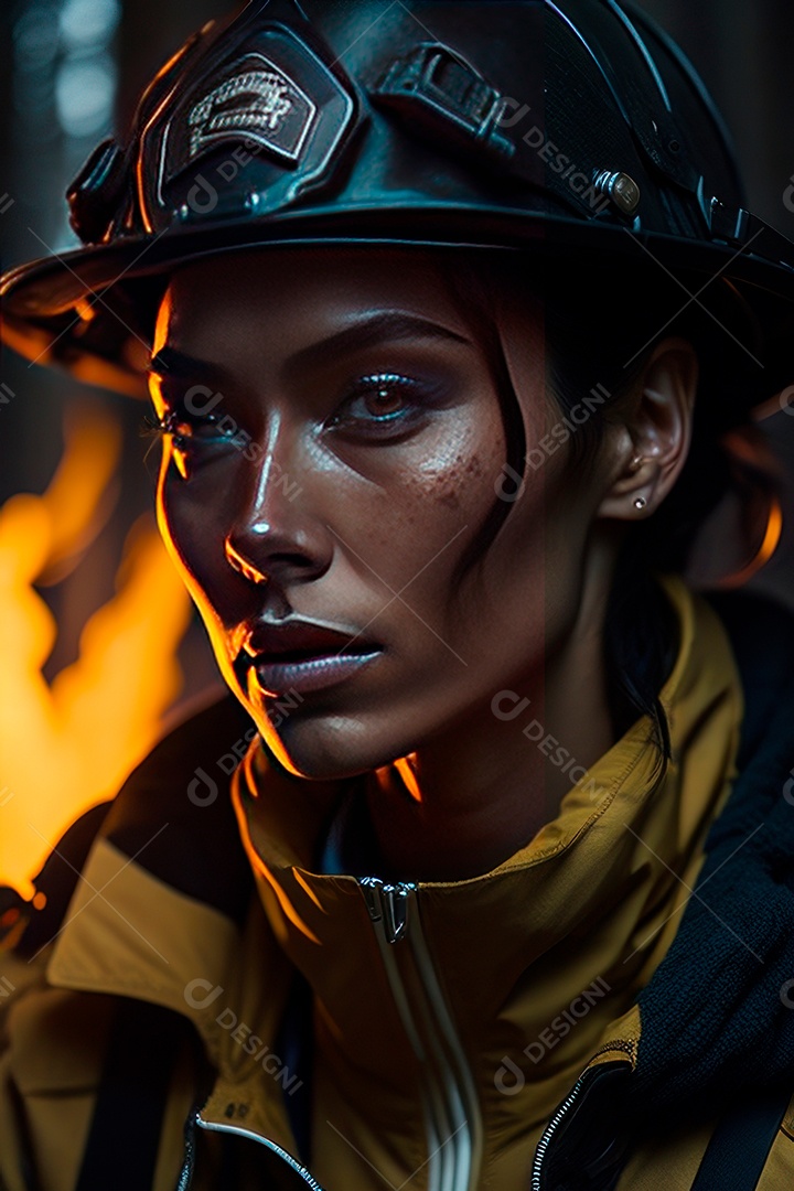 Mulher bombeira sobre fundo desfocado.