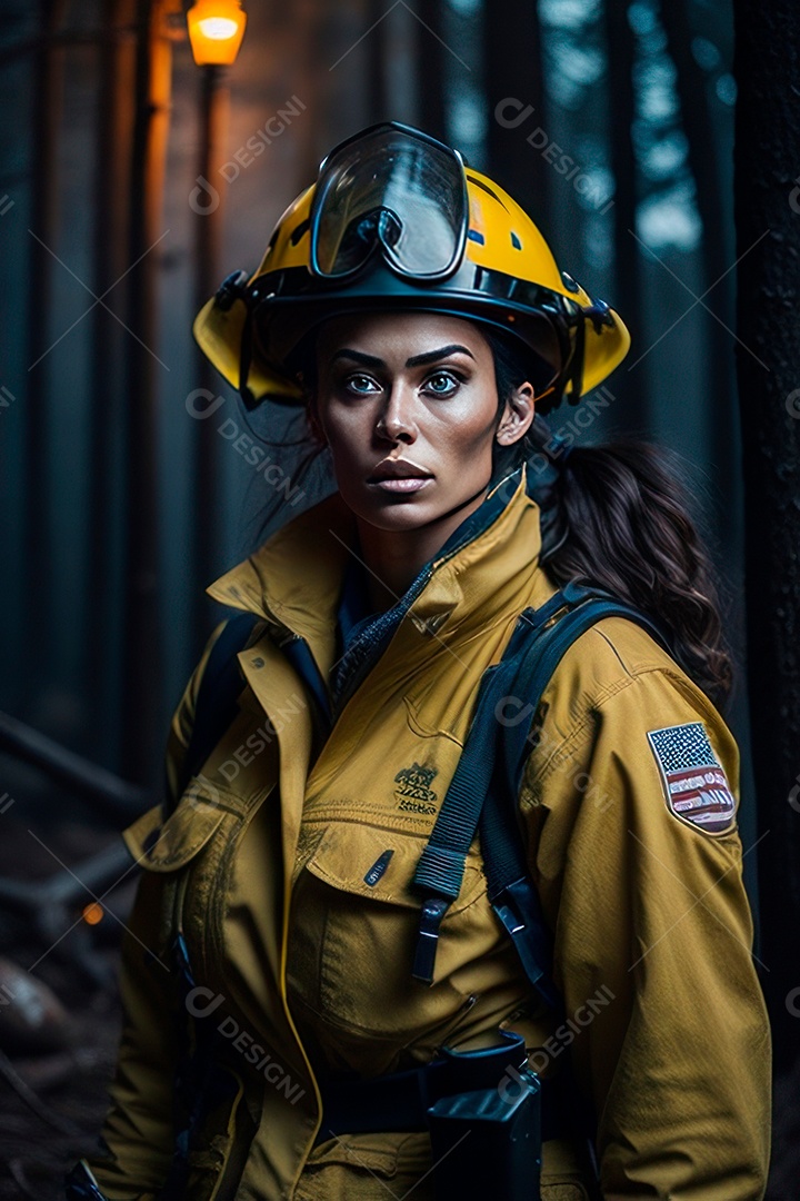 Mulher bombeira sobre fundo desfocado.