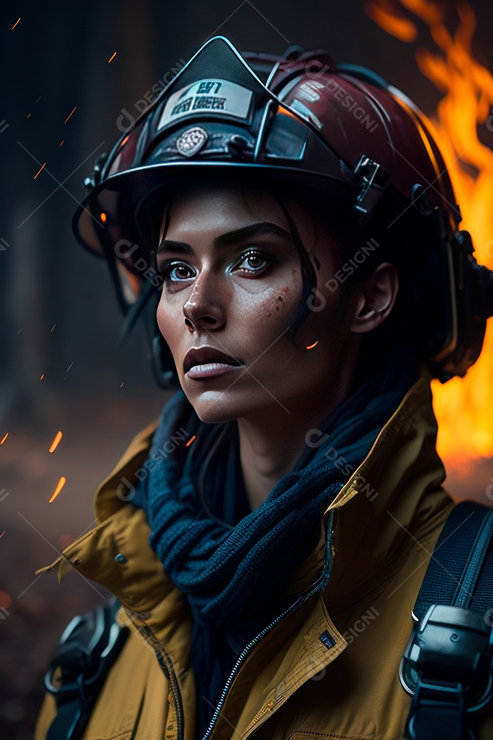 Mulher bombeira sobre fundo desfocado.