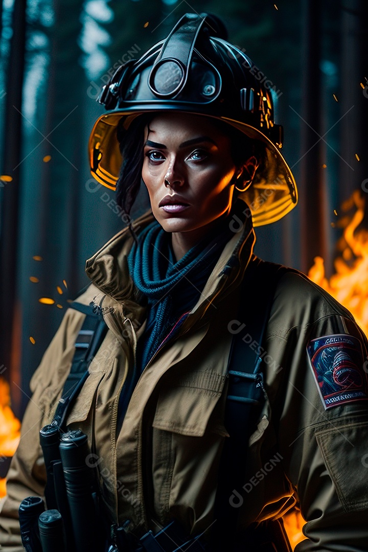 Mulher bombeira sobre fundo desfocado.