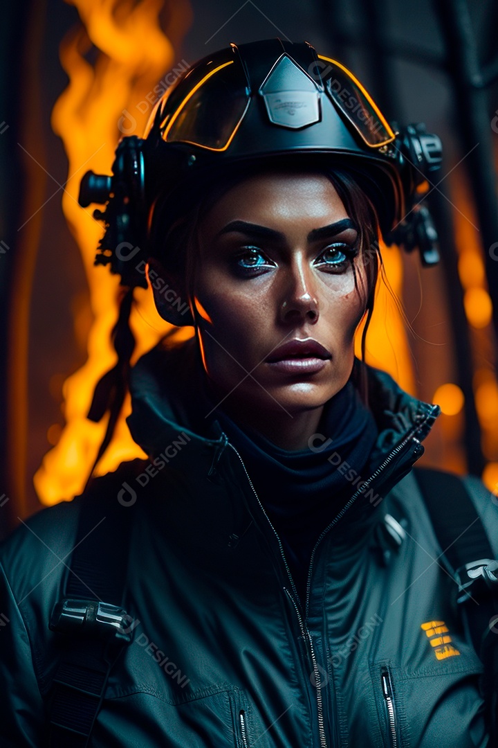 Mulher bombeira sobre fundo desfocado.