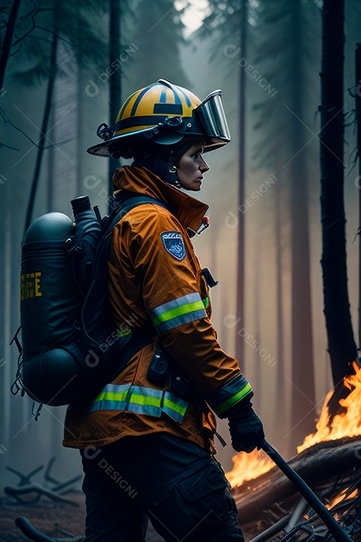 Mulher bombeira sobre fundo desfocado.