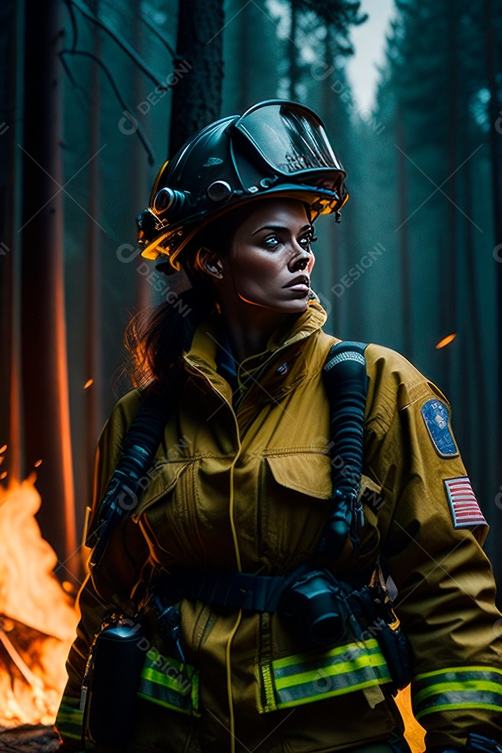 Mulher bombeira sobre fundo desfocado.