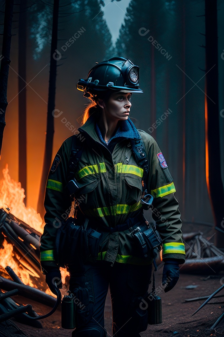 Mulher bombeira sobre fundo desfocado.