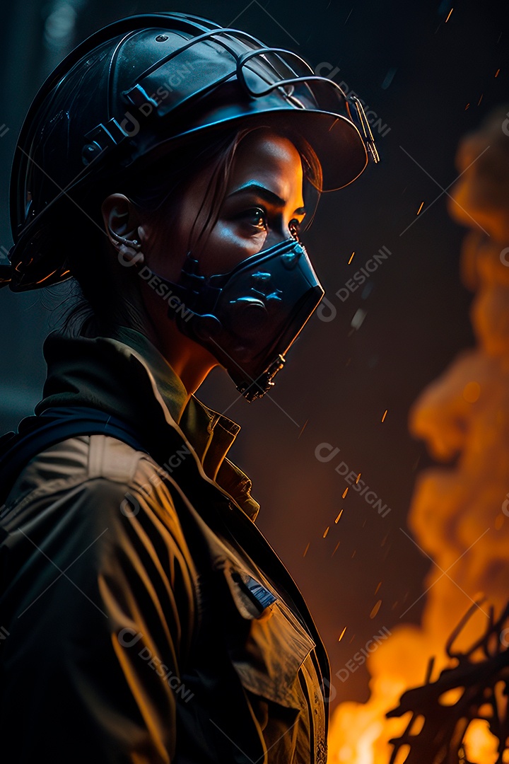 Mulher bombeira sobre fundo desfocado.