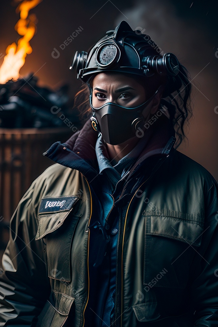 Mulher bombeira sobre fundo desfocado.