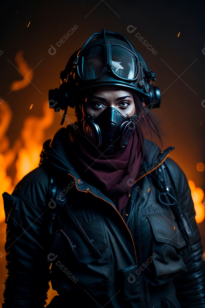 Mulher bombeira sobre fundo desfocado.