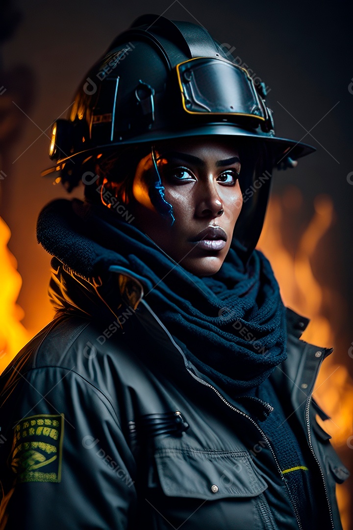 Mulher bombeira sobre fundo desfocado.