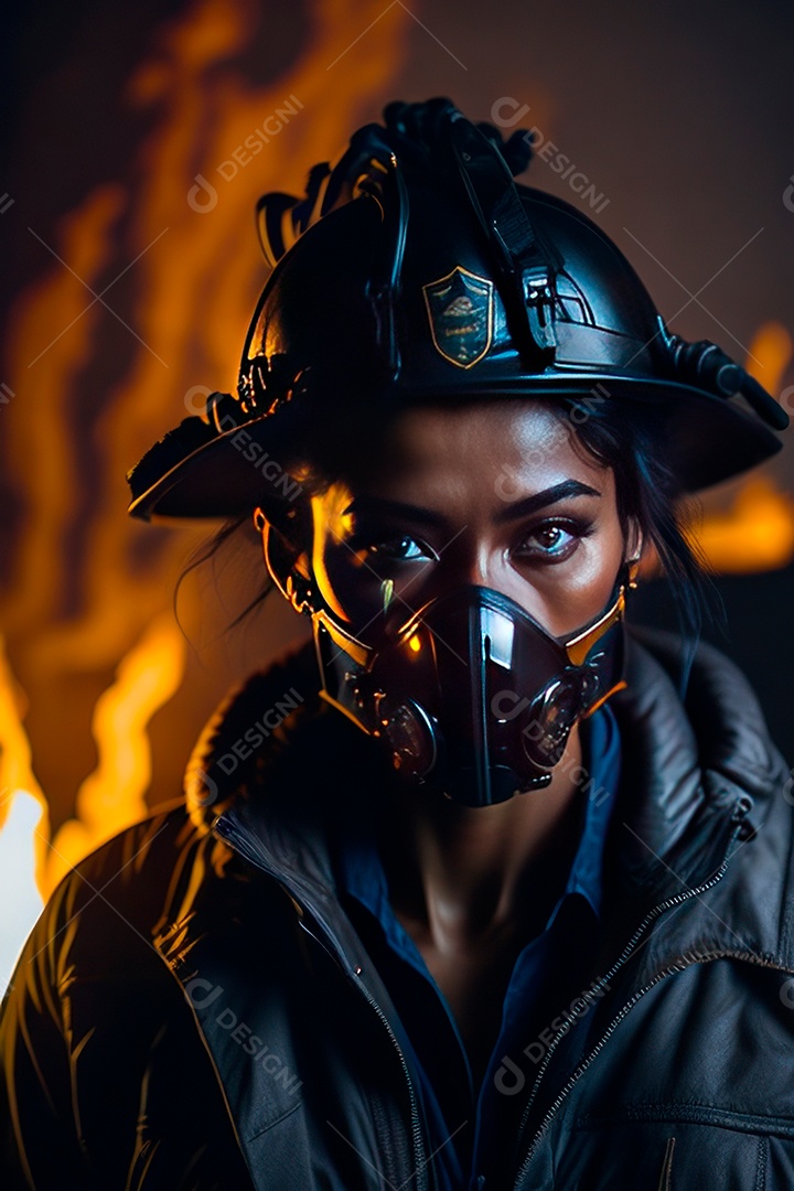 Mulher bombeira sobre fundo desfocado.