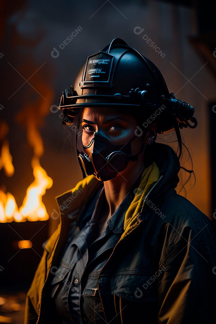 Mulher bombeira sobre fundo desfocado.