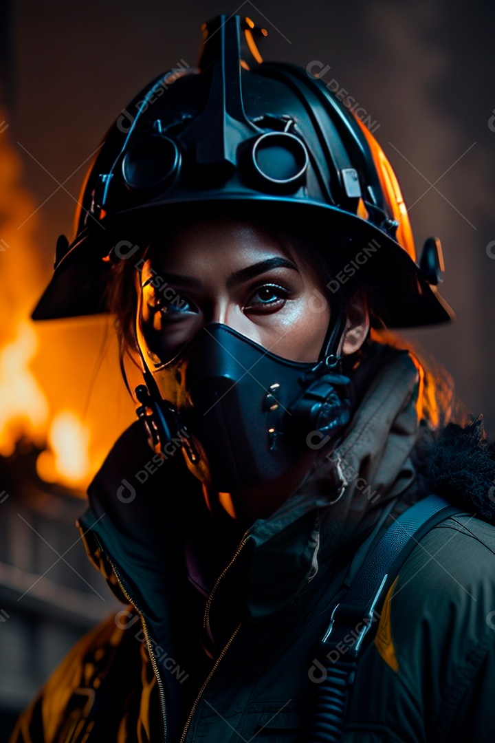 Mulher bombeira sobre fundo desfocado.