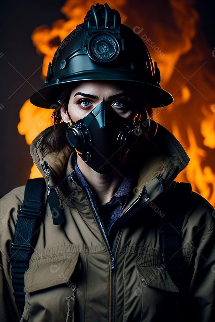 Mulher bombeira sobre fundo desfocado.