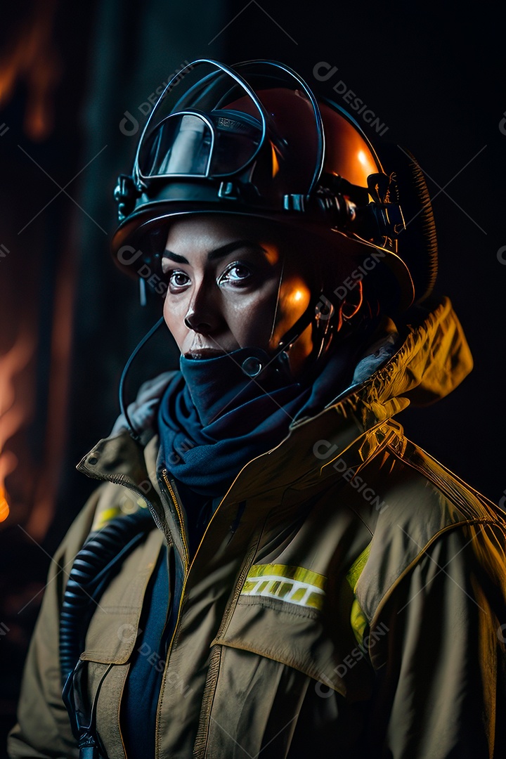 Mulher bombeira sobre fundo desfocado.