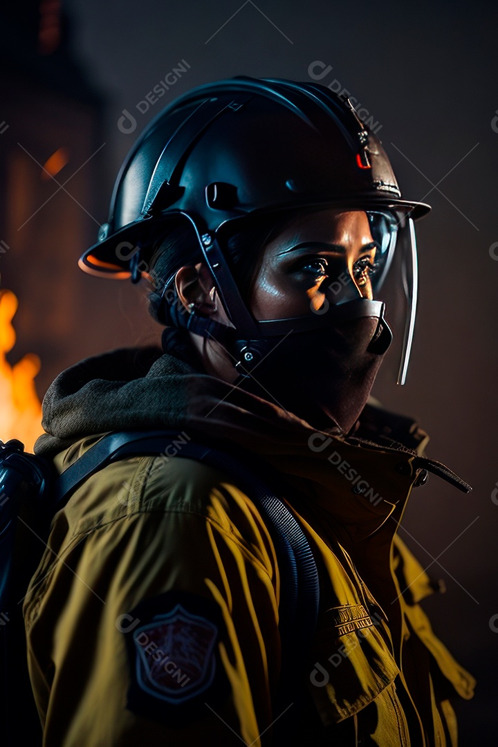 Mulher bombeira sobre fundo desfocado.