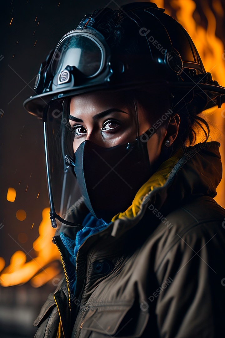 Mulher bombeira sobre fundo desfocado.