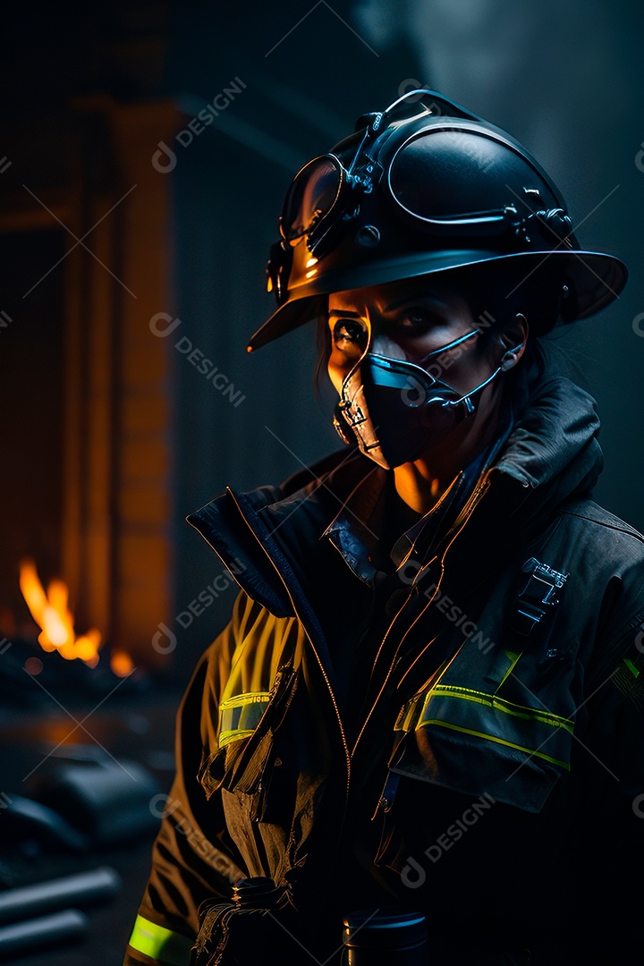 Mulher bombeira sobre fundo desfocado.