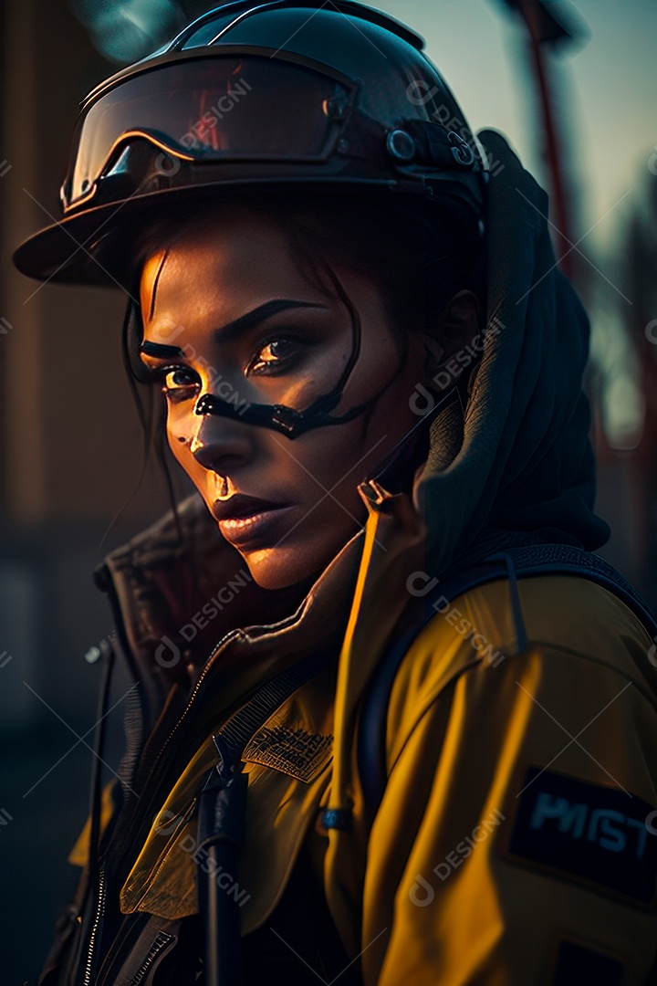 Mulher bombeira sobre fundo desfocado.