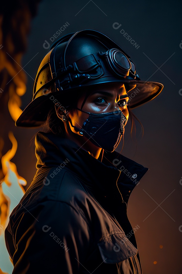 Mulher bombeira sobre fundo desfocado.