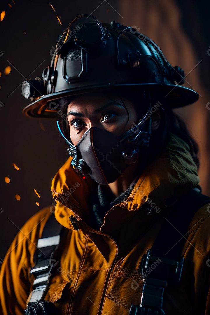 Mulher bombeira sobre fundo desfocado.