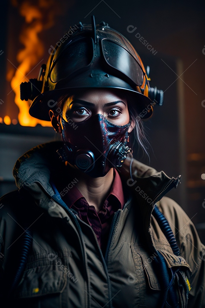 Mulher bombeira sobre fundo desfocado.