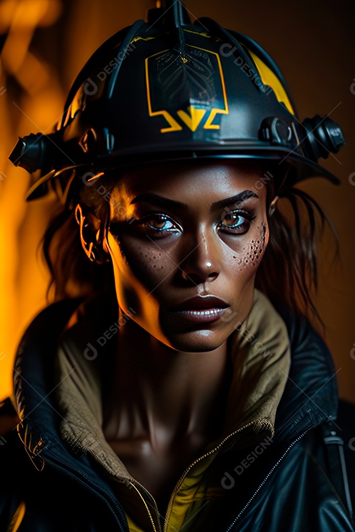 Mulher bombeira sobre fundo desfocado.