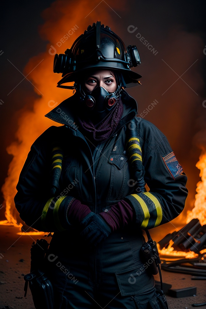 Mulher bombeira sobre fundo desfocado.