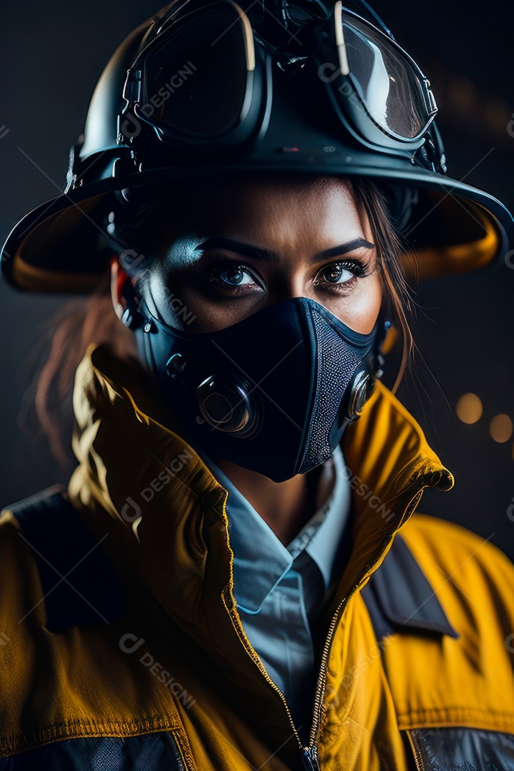 Mulher bombeira sobre fundo desfocado.