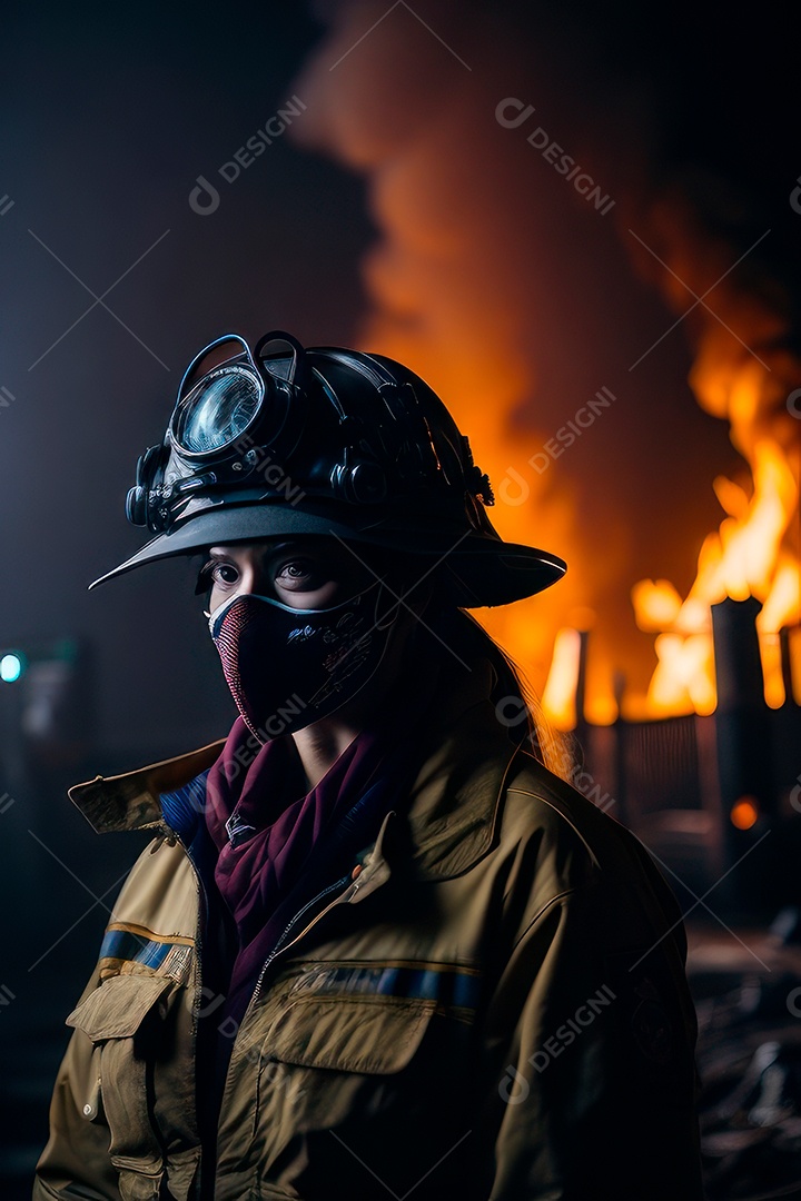 Mulher bombeira sobre fundo desfocado.