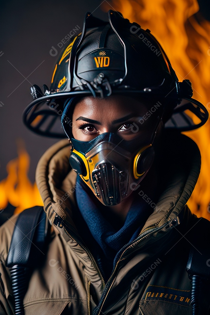 Mulher bombeira sobre fundo desfocado.