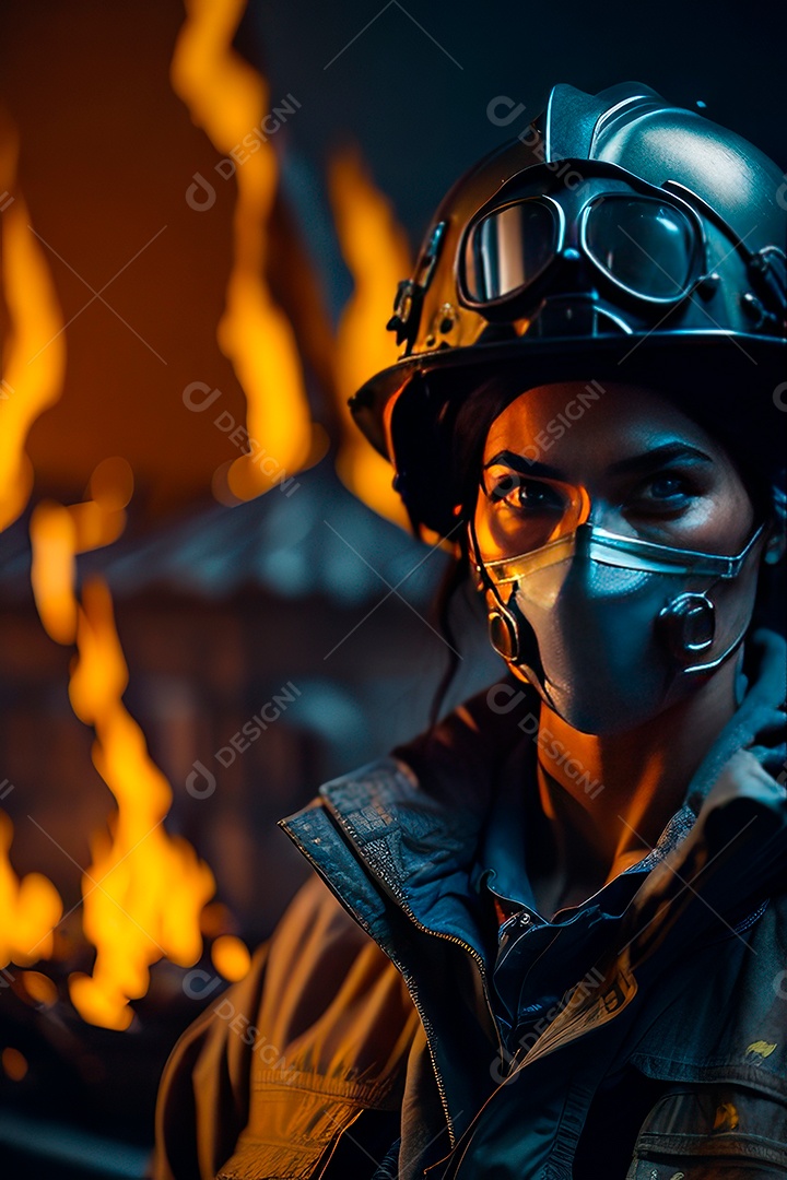 Mulher bombeira sobre fundo desfocado.