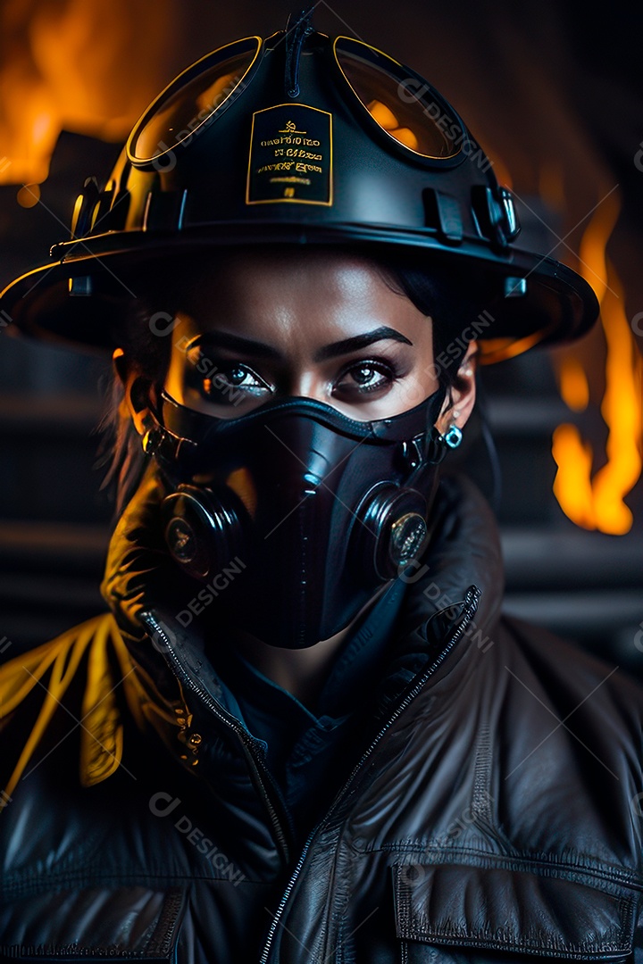 Mulher bombeira sobre fundo desfocado.