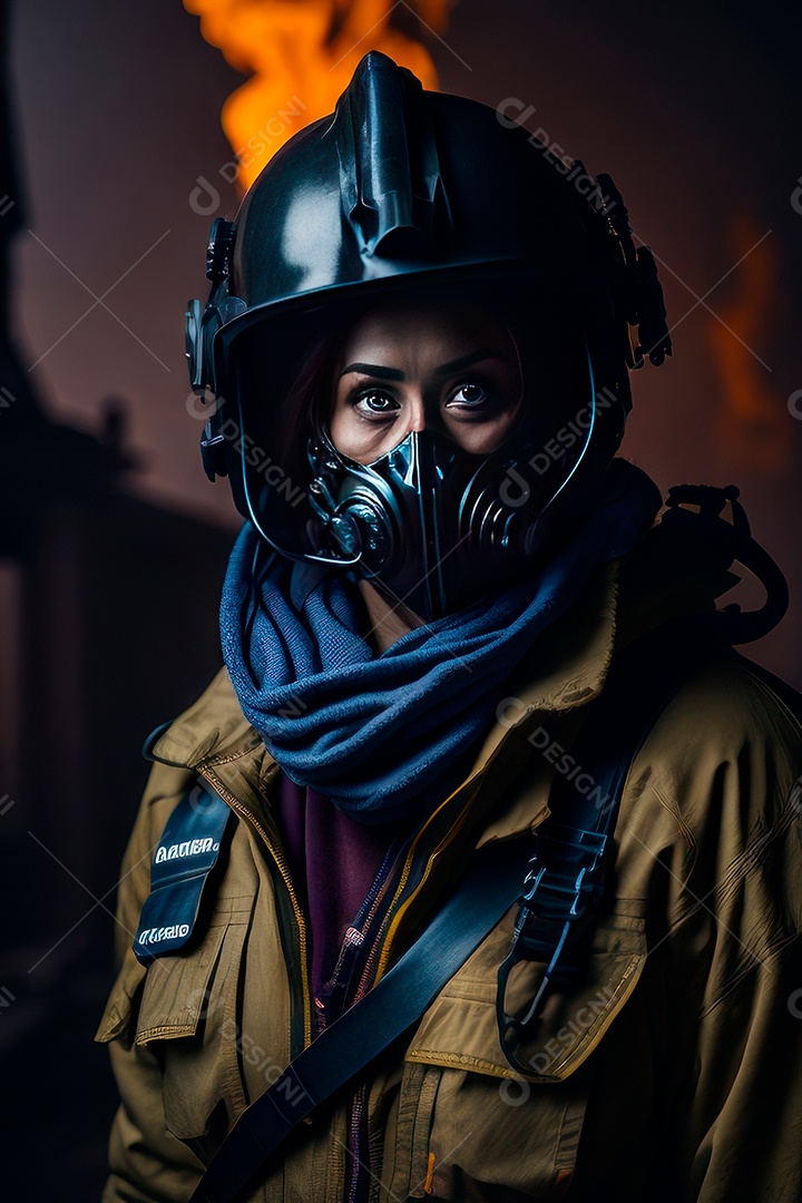 Mulher bombeira sobre fundo desfocado.