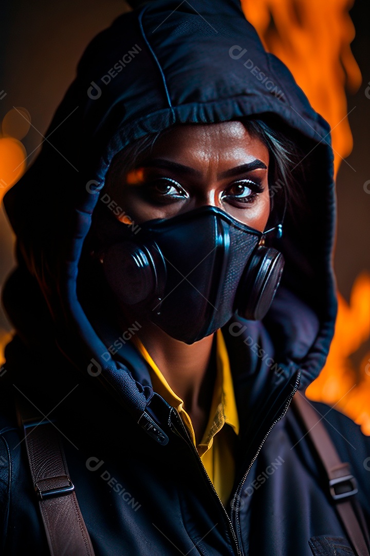 Mulher bombeira sobre fundo desfocado.