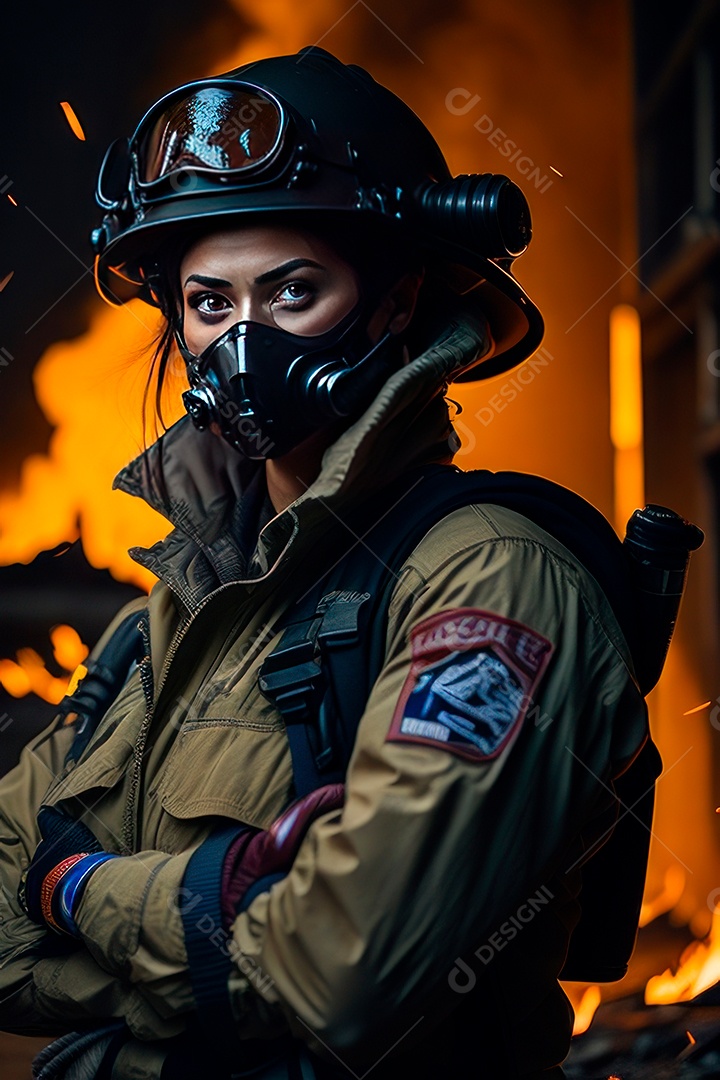 Mulher bombeira sobre fundo desfocado.