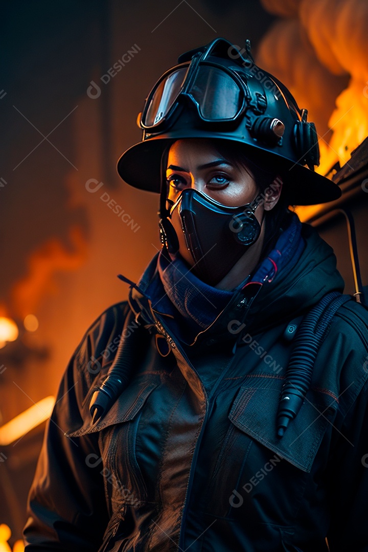 Mulher bombeira sobre fundo desfocado.